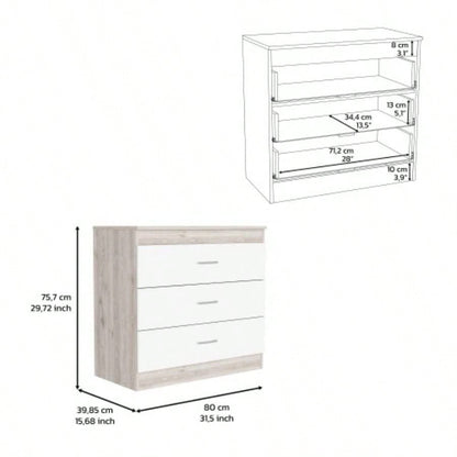 Dresser 29H, Three Drawers, Metal Hardware, Superior Top, Light Gray/ White