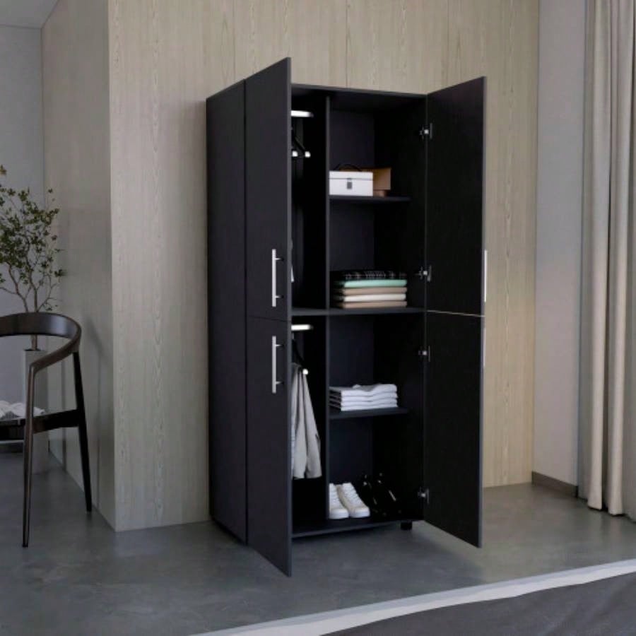 Armoire Wardrove 70 H, Double Doors, 6 Shelves, 2 Hanging Rods, Black