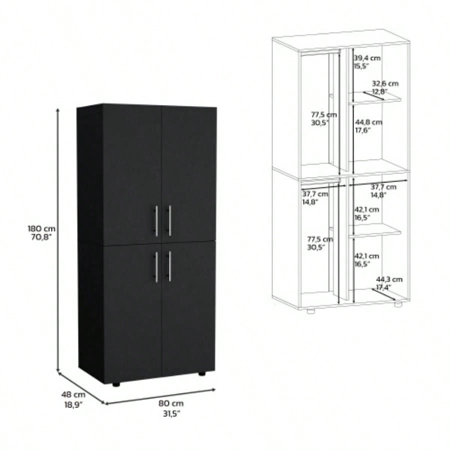 Armoire Wardrove 70 H, Double Doors, 6 Shelves, 2 Hanging Rods, Black