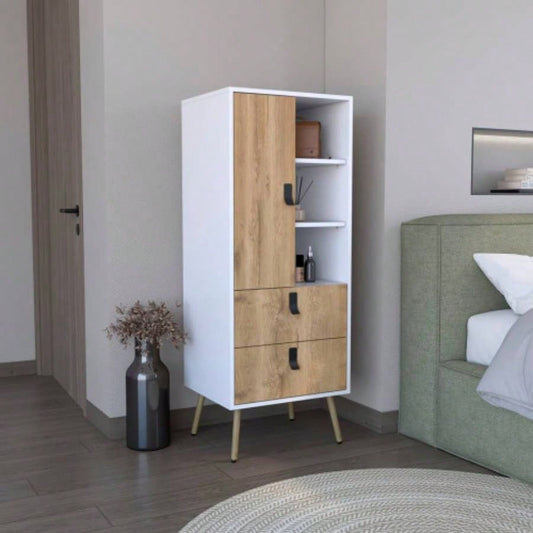 Dresser 52H Stylish Bedroom Storage Solution with 3 Open Shelves, 2 Drawers, and 1 Door, White/ Macadamia