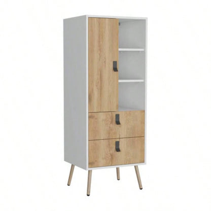 Dresser 52H Stylish Bedroom Storage Solution with 3 Open Shelves, 2 Drawers, and 1 Door, White/ Macadamia
