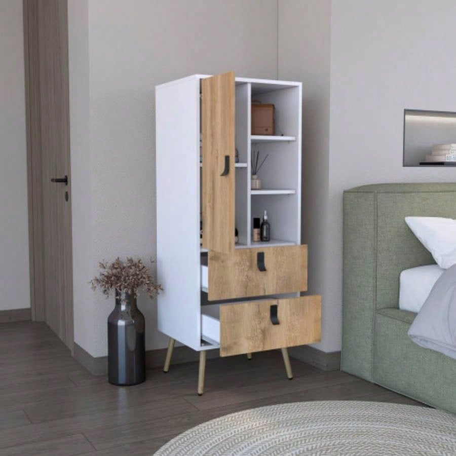 Dresser 52H Stylish Bedroom Storage Solution with 3 Open Shelves, 2 Drawers, and 1 Door, White/ Macadamia