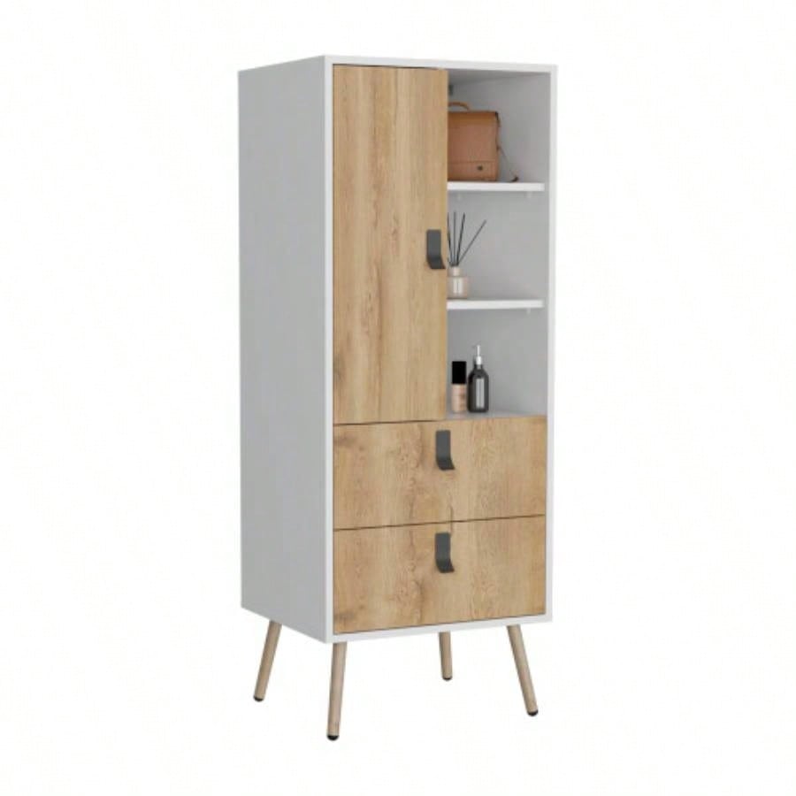 Dresser 52H Stylish Bedroom Storage Solution with 3 Open Shelves, 2 Drawers, and 1 Door, White/ Macadamia