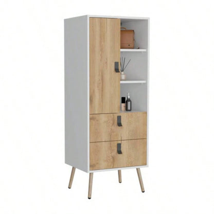 Dresser 52H Stylish Bedroom Storage Solution with 3 Open Shelves, 2 Drawers, and 1 Door, White/ Macadamia