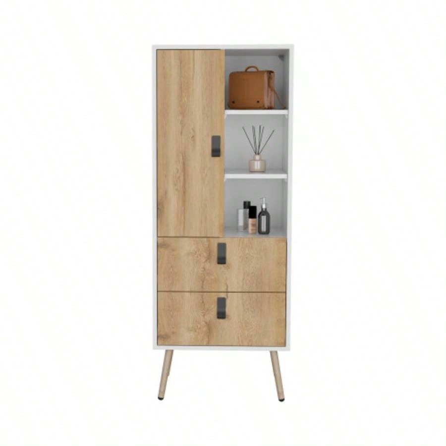 Dresser 52H Stylish Bedroom Storage Solution with 3 Open Shelves, 2 Drawers, and 1 Door, White/ Macadamia