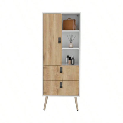 Dresser 52H Stylish Bedroom Storage Solution with 3 Open Shelves, 2 Drawers, and 1 Door, White/ Macadamia