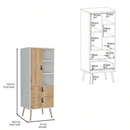 Dresser 52H Stylish Bedroom Storage Solution with 3 Open Shelves, 2 Drawers, and 1 Door, White/ Macadamia