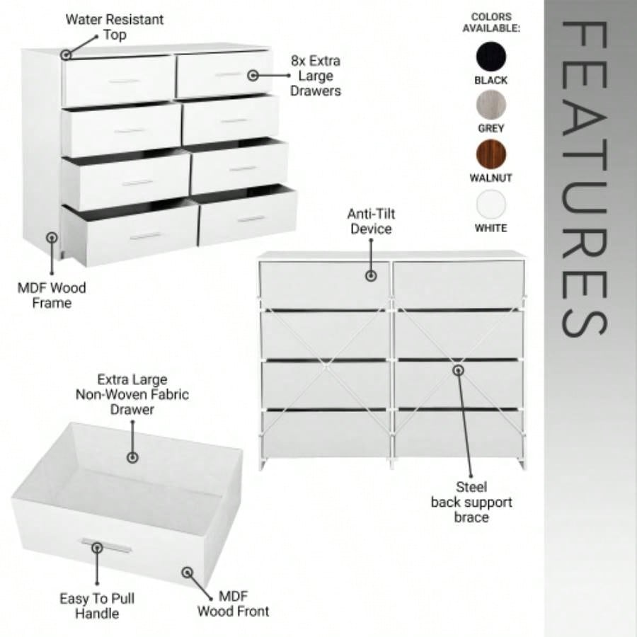 8 - Drawer Dresser with Large Fabric Drawers, White