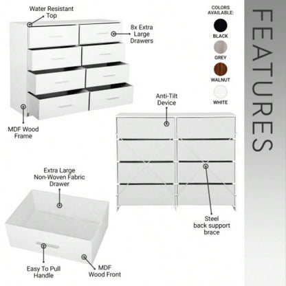 8 - Drawer Dresser with Large Fabric Drawers, White