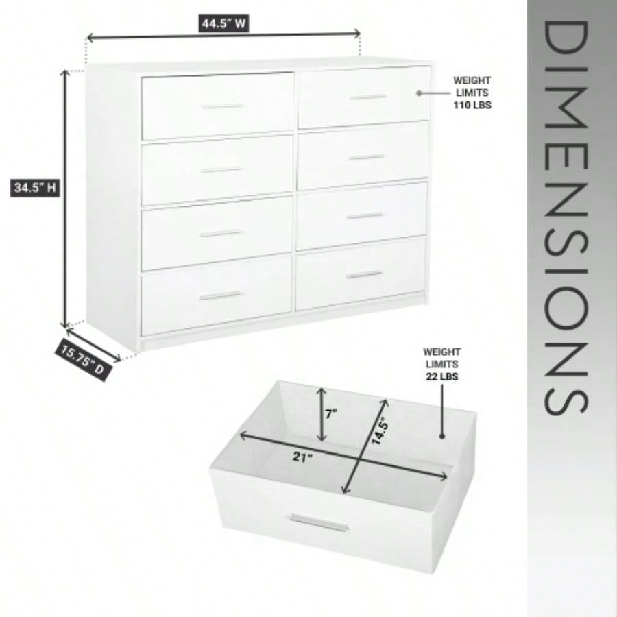 8 - Drawer Dresser with Large Fabric Drawers, White