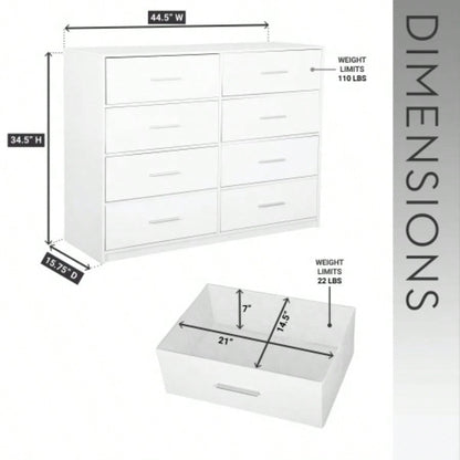 8 - Drawer Dresser with Large Fabric Drawers, White