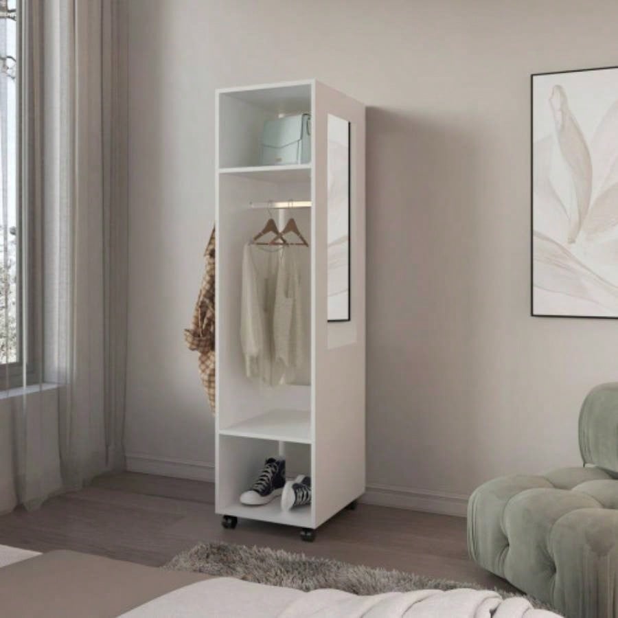 Armoire 63H, with 3 Shelves, 1 Mirror, and 4 Wheels, White