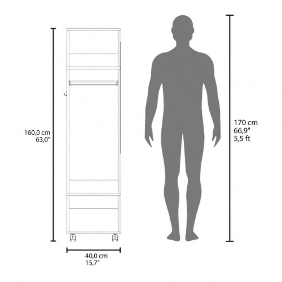 Armoire 63H, with 3 Shelves, 1 Mirror, and 4 Wheels, White