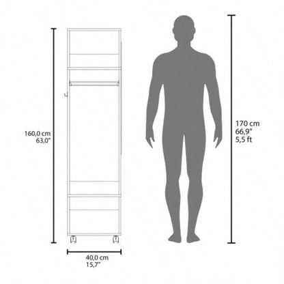 Armoire 63H, with 3 Shelves, 1 Mirror, and 4 Wheels, White