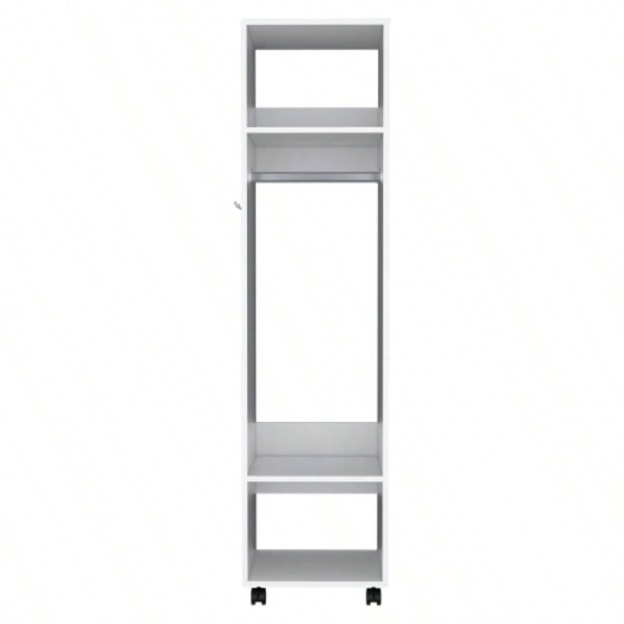 Armoire 63H, with 3 Shelves, 1 Mirror, and 4 Wheels, White