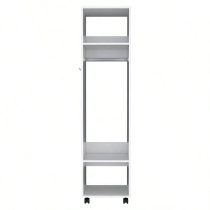 Armoire 63H, with 3 Shelves, 1 Mirror, and 4 Wheels, White