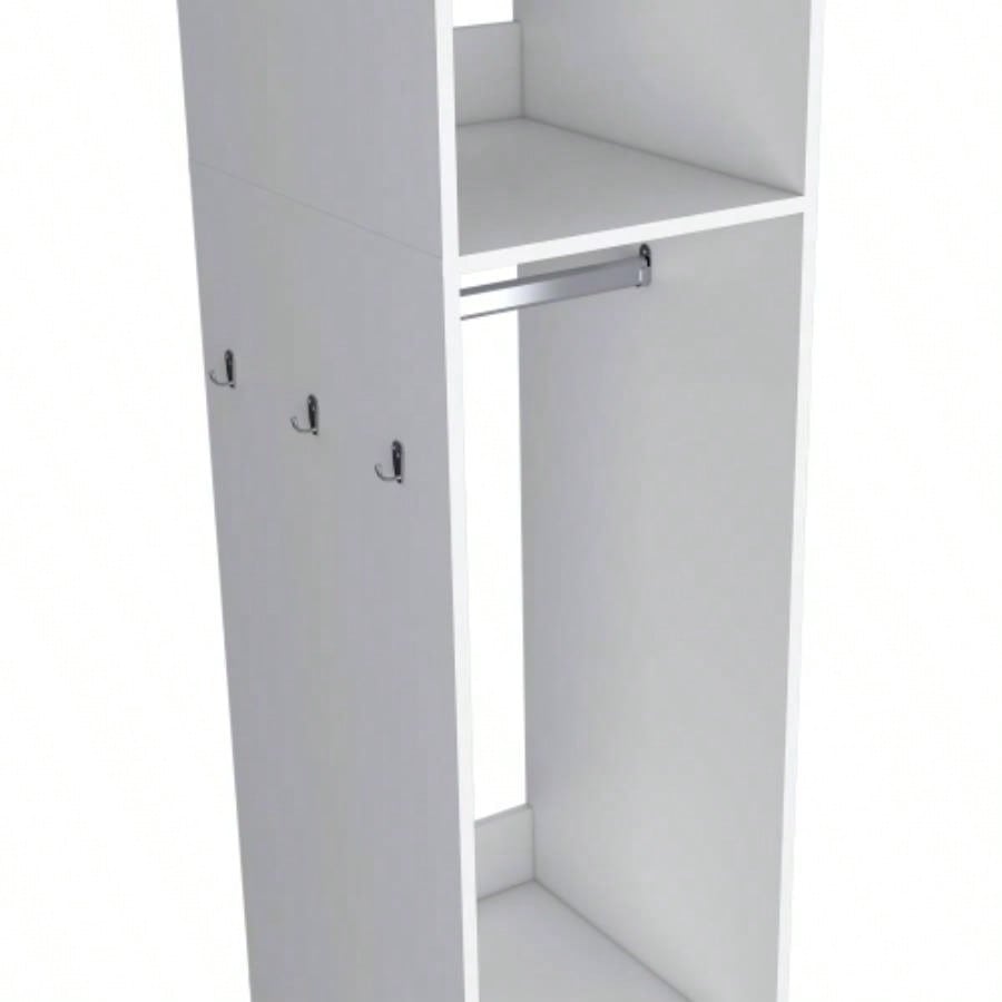 Armoire 63H, with 3 Shelves, 1 Mirror, and 4 Wheels, White