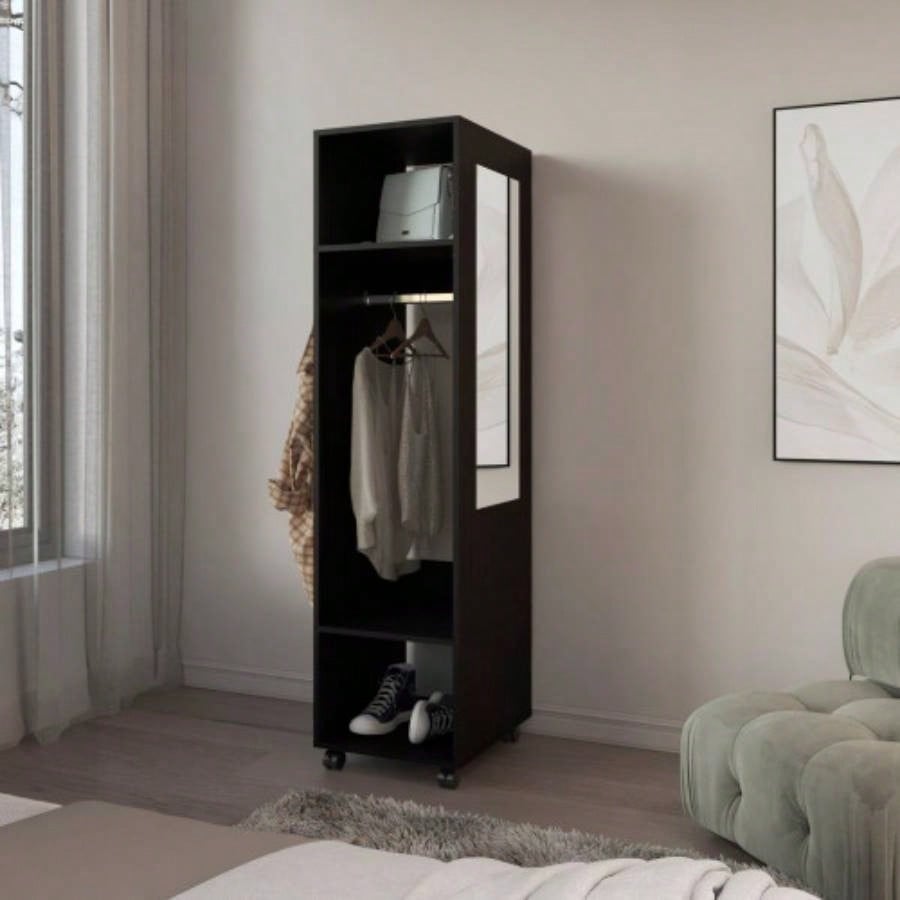 Armoire 63H, with 3 Shelves, 1 Mirror, and 4 Wheels, White