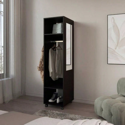 Armoire 63H, with 3 Shelves, 1 Mirror, and 4 Wheels, White