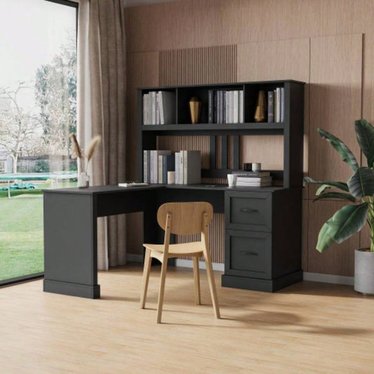 Home Office Computer Desk with Hutch, Antiqued Black
