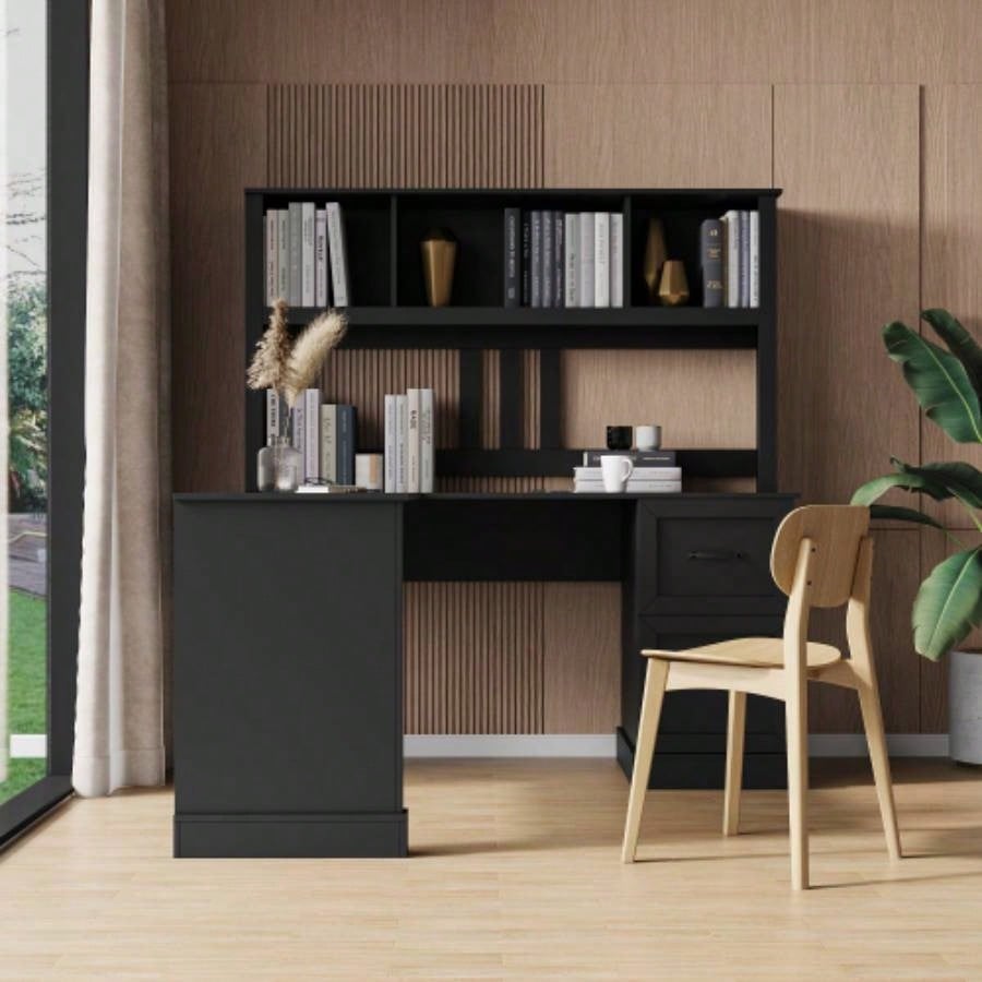 Home Office Computer Desk with Hutch, Antiqued Black