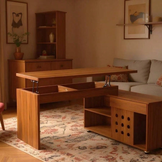 55.1L, Walnut Home Office L - Shaped Executive Desk, Height Adjustable Desk with Storage Drawers and Cabinet
