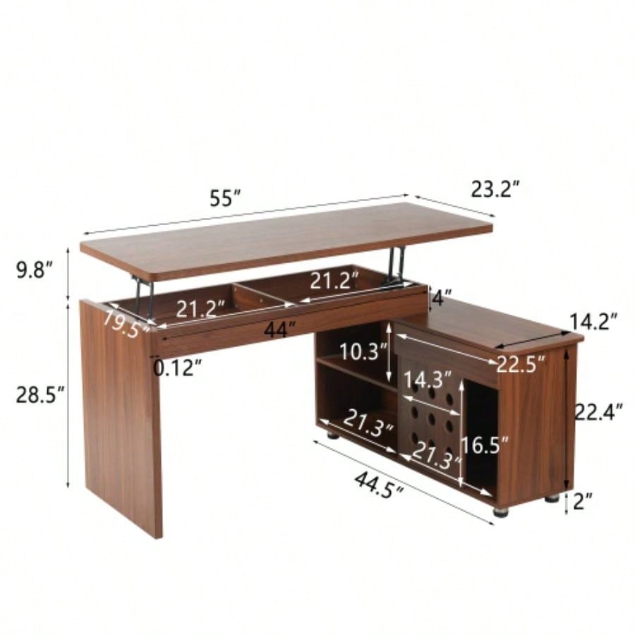 55.1L, Walnut Home Office L - Shaped Executive Desk, Height Adjustable Desk with Storage Drawers and Cabinet