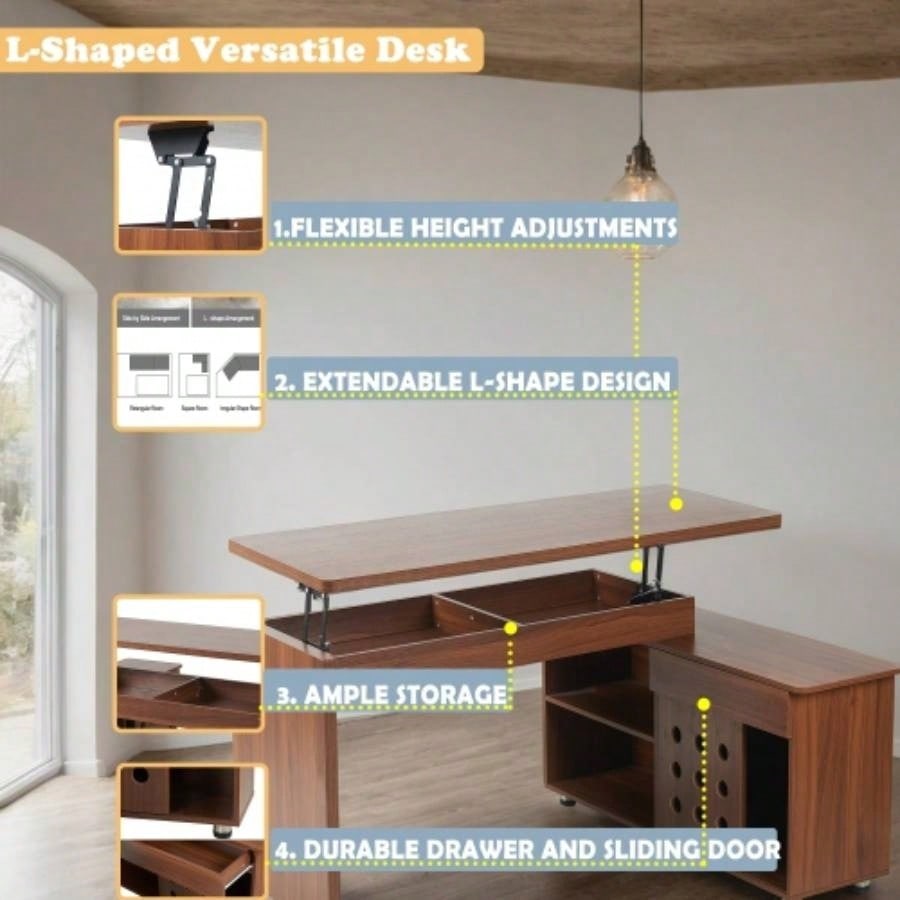 55.1L, Walnut Home Office L - Shaped Executive Desk, Height Adjustable Desk with Storage Drawers and Cabinet