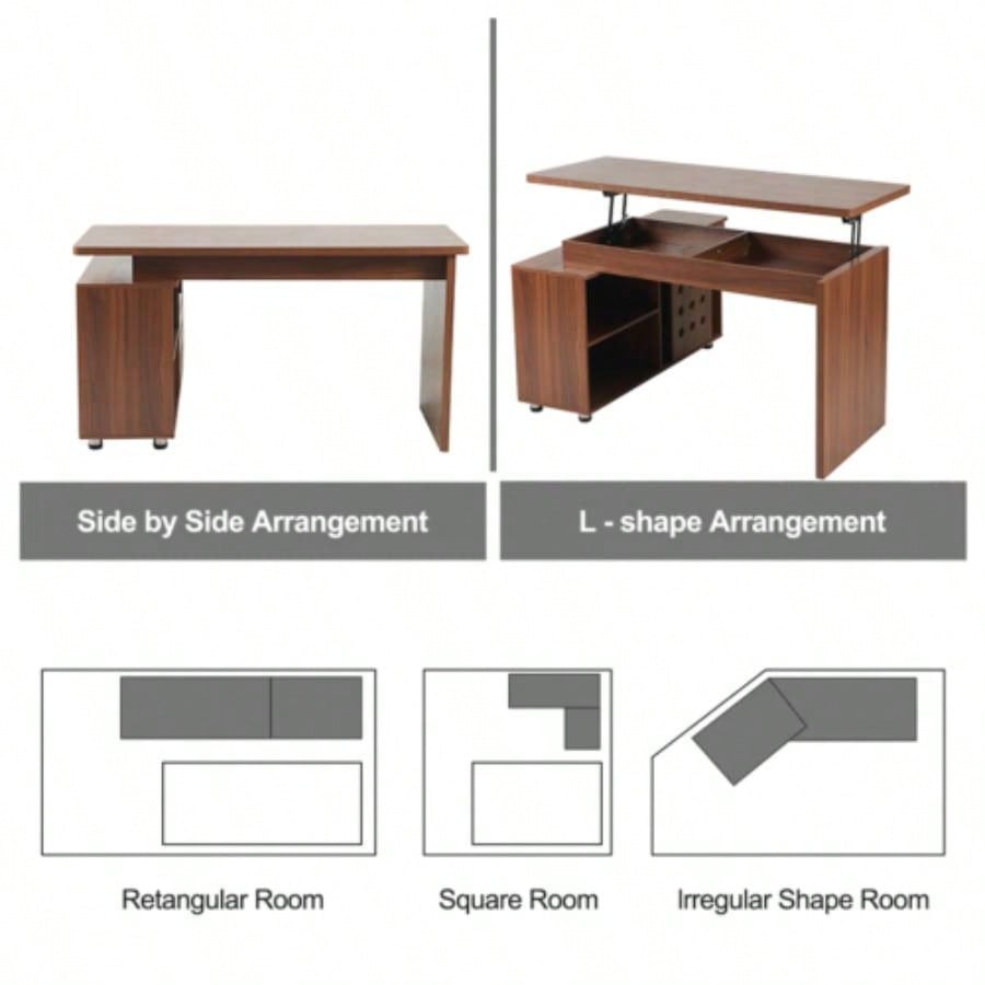 55.1L, Walnut Home Office L - Shaped Executive Desk, Height Adjustable Desk with Storage Drawers and Cabinet