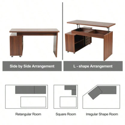 55.1L, Walnut Home Office L - Shaped Executive Desk, Height Adjustable Desk with Storage Drawers and Cabinet