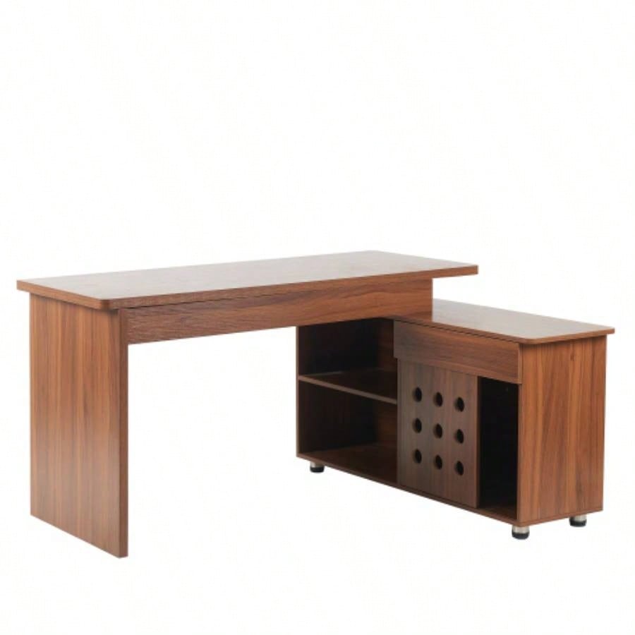 55.1L, Walnut Home Office L - Shaped Executive Desk, Height Adjustable Desk with Storage Drawers and Cabinet