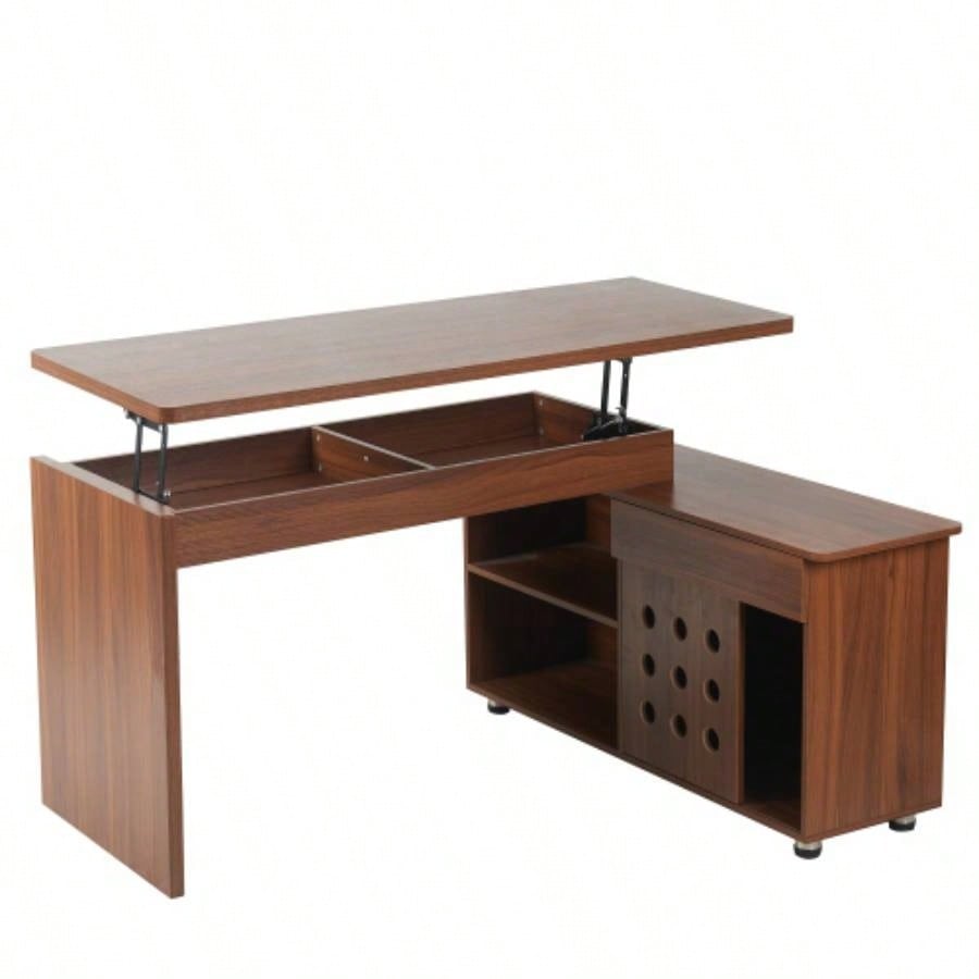 55.1L, Walnut Home Office L - Shaped Executive Desk, Height Adjustable Desk with Storage Drawers and Cabinet