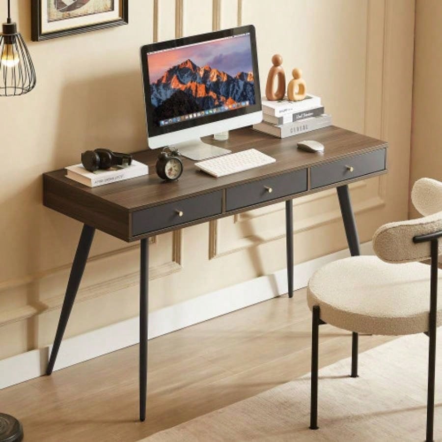 Mid Desk, Modern Writing Study Desk with Drawers, Multifunctional Home Office Computer Desk Walnut+Dark