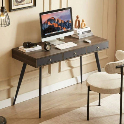 Mid Desk, Modern Writing Study Desk with Drawers, Multifunctional Home Office Computer Desk Walnut+Dark