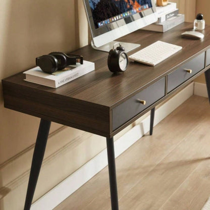 Mid Desk, Modern Writing Study Desk with Drawers, Multifunctional Home Office Computer Desk Walnut+Dark