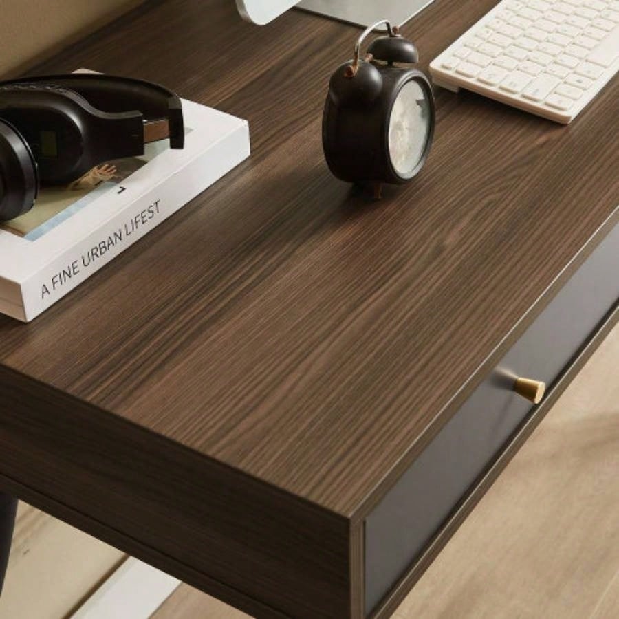 Mid Desk, Modern Writing Study Desk with Drawers, Multifunctional Home Office Computer Desk Walnut+Dark