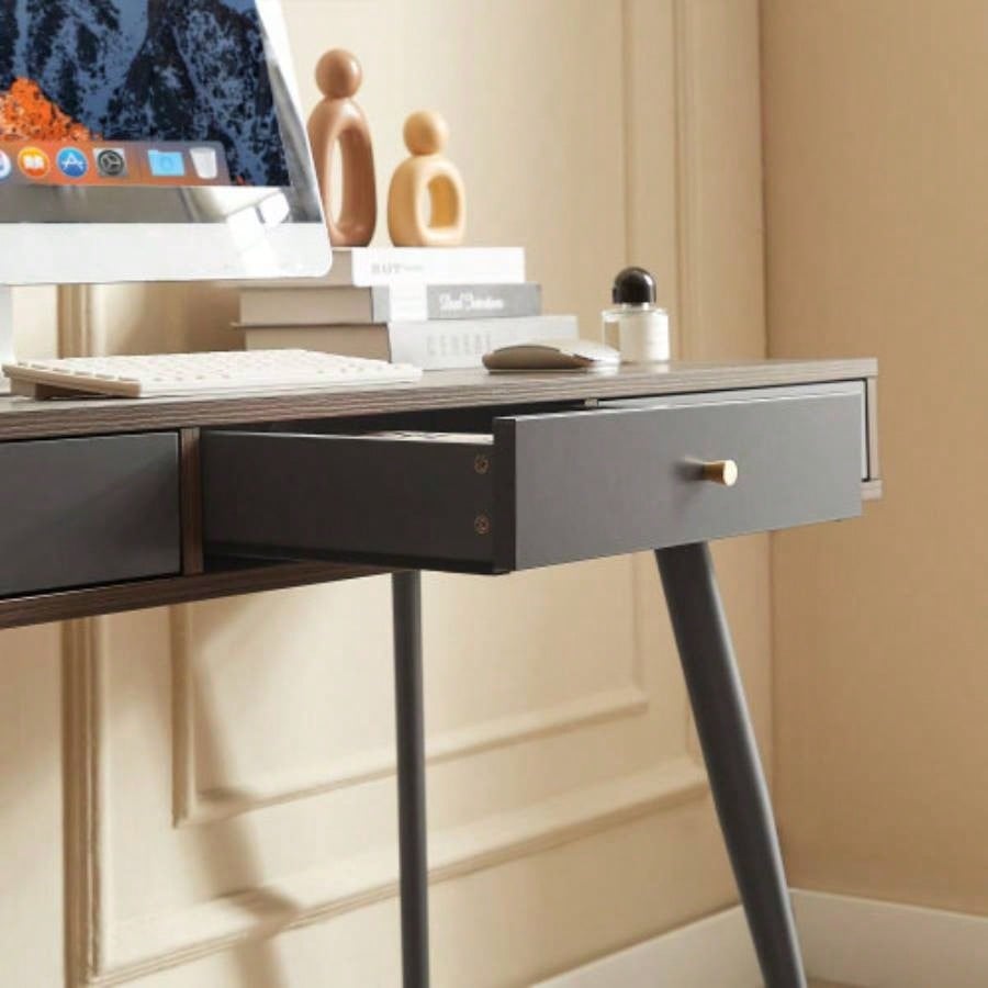 Mid Desk, Modern Writing Study Desk with Drawers, Multifunctional Home Office Computer Desk Walnut+Dark