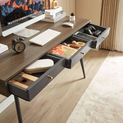 Mid Desk, Modern Writing Study Desk with Drawers, Multifunctional Home Office Computer Desk Walnut+Dark