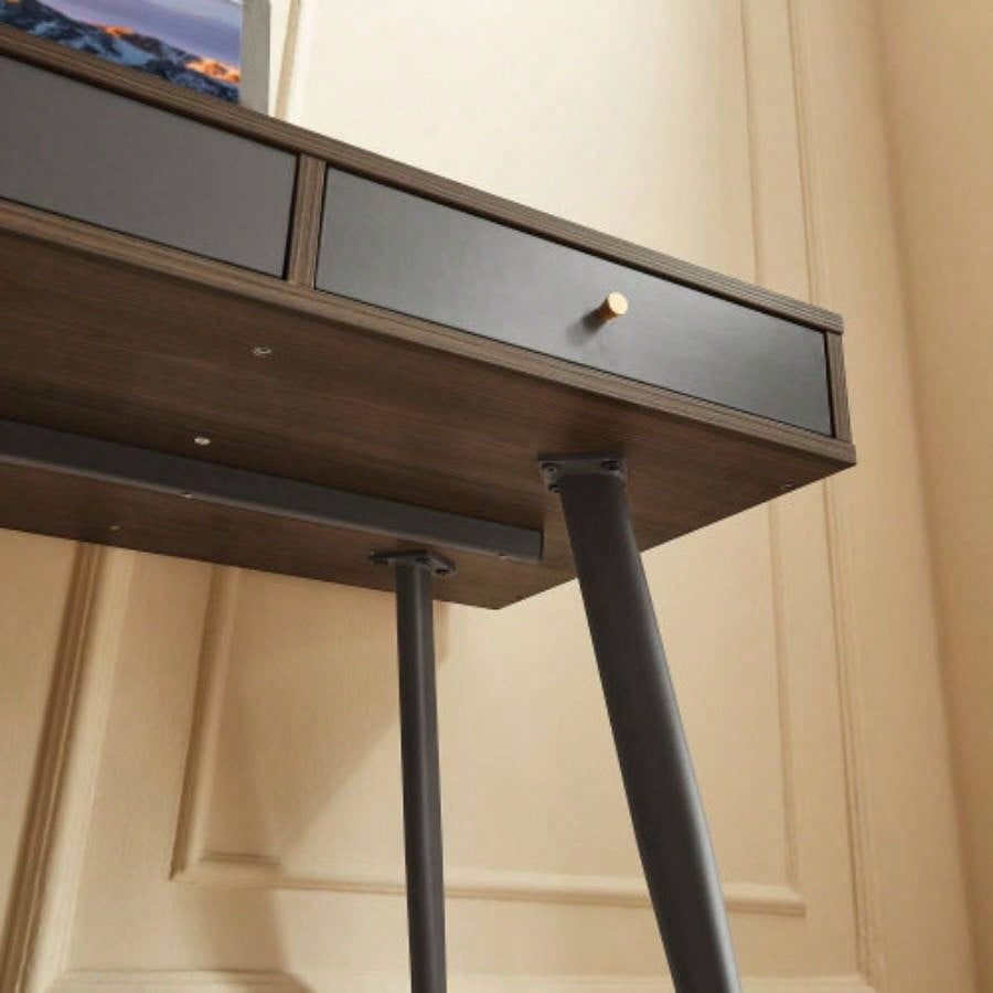 Mid Desk, Modern Writing Study Desk with Drawers, Multifunctional Home Office Computer Desk Walnut+Dark