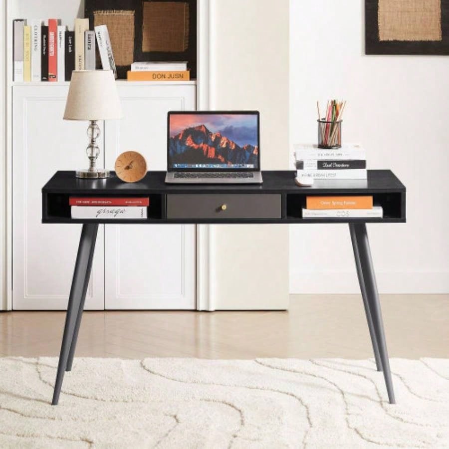 Mid Desk, Modern Writing Study Desk with Drawers, Multifunctional Home Office Computer Desk Walnut+Dark