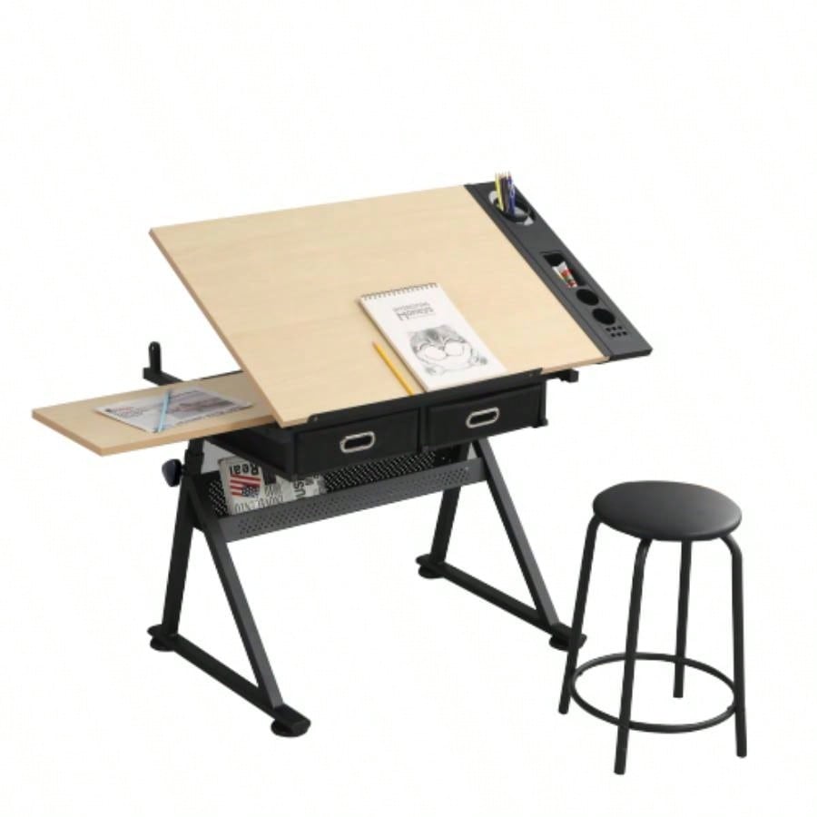 adjustable drawing drafting table desk with 2 drawers home office and school with stoolwood