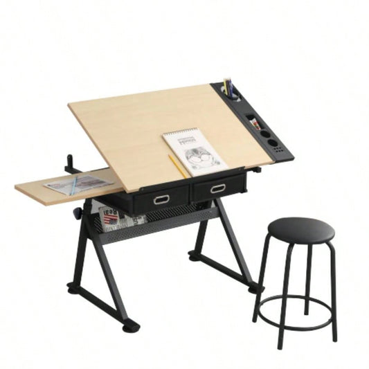 adjustable drawing drafting table desk with 2 drawers home office and school with stoolwood