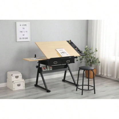 adjustable drawing drafting table desk with 2 drawers home office and school with stoolwood