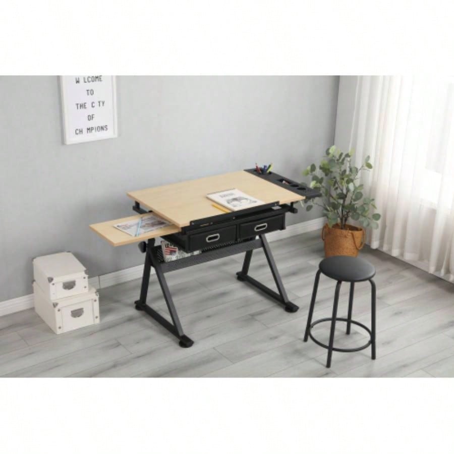 adjustable drawing drafting table desk with 2 drawers home office and school with stoolwood