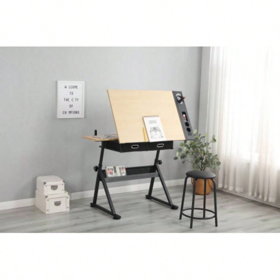 adjustable drawing drafting table desk with 2 drawers home office and school with stoolwood