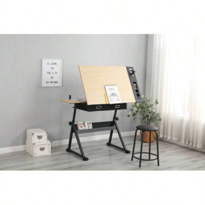 adjustable drawing drafting table desk with 2 drawers home office and school with stoolwood