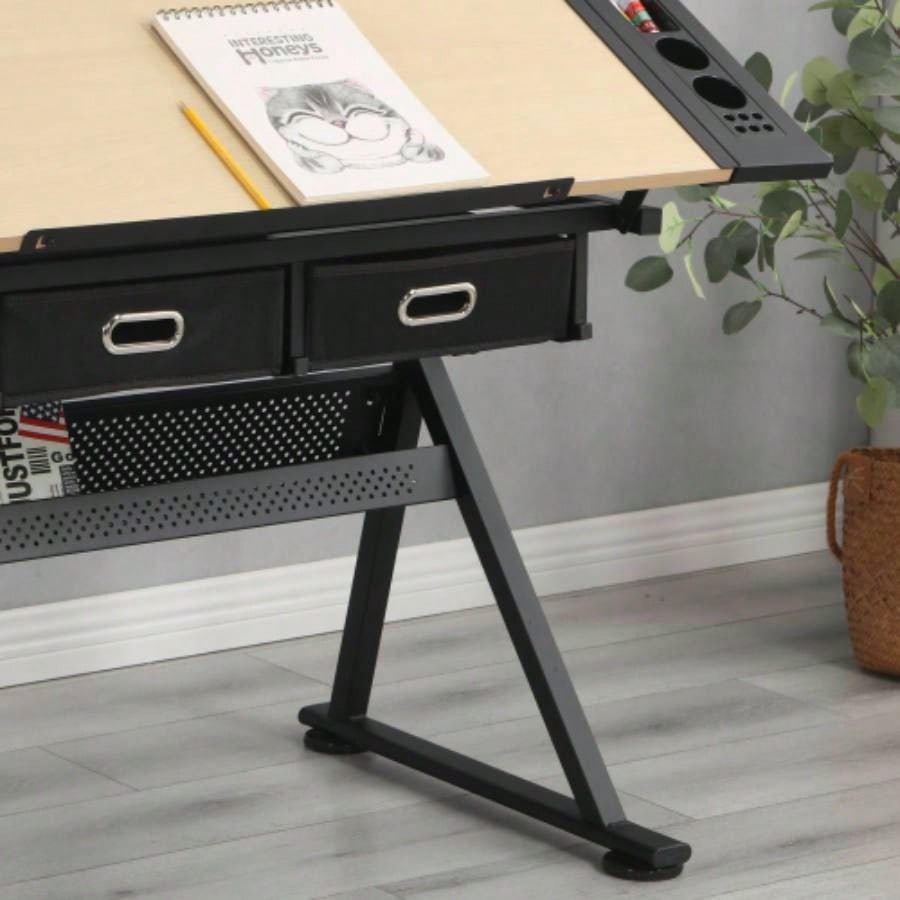 adjustable drawing drafting table desk with 2 drawers home office and school with stoolwood