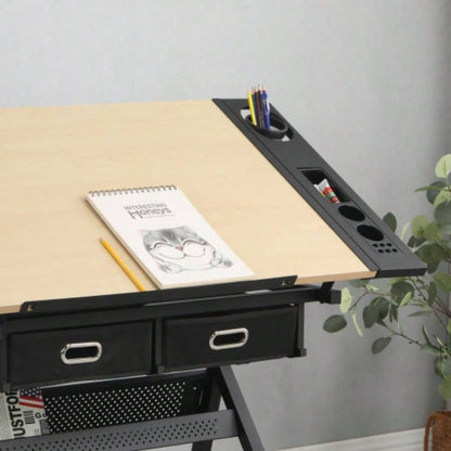 adjustable drawing drafting table desk with 2 drawers home office and school with stoolwood