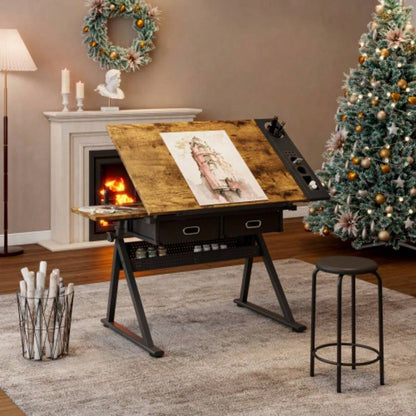 adjustable drawing drafting table desk with 2 drawers home office and school with stoolwood