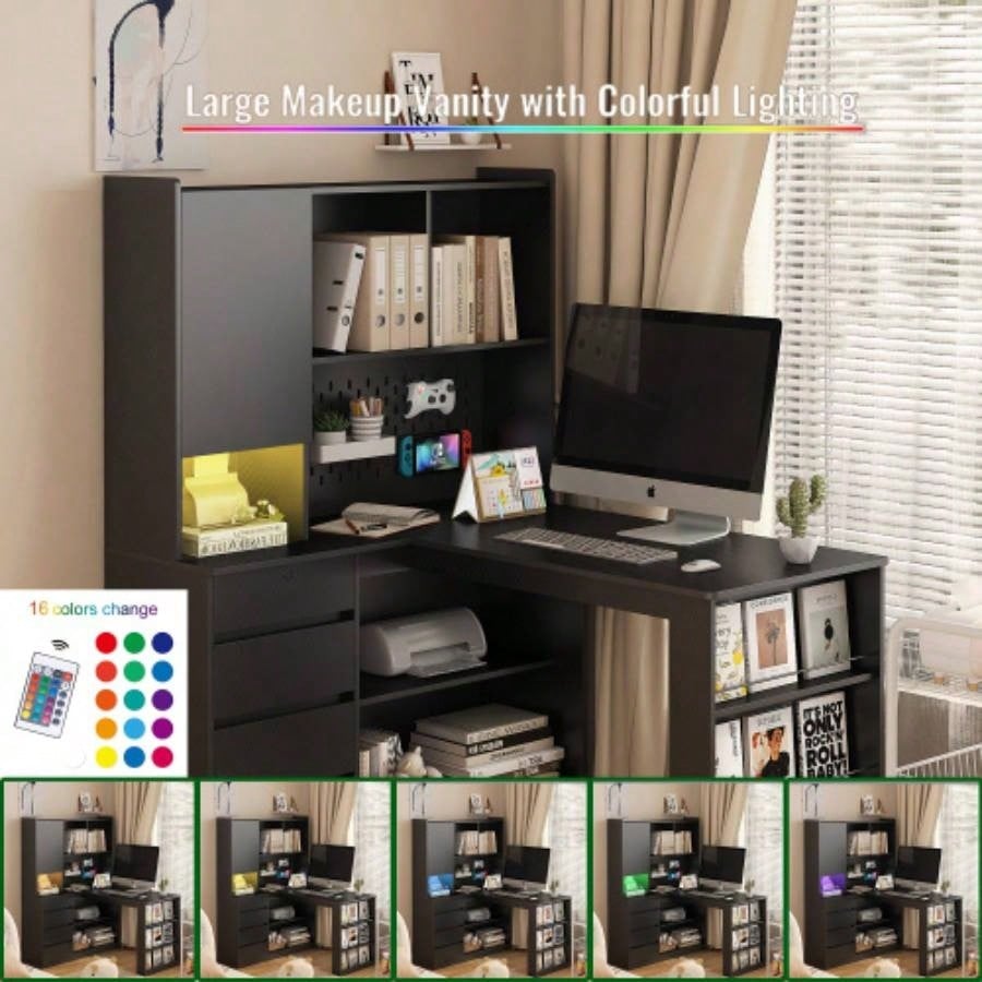 L Shaped Desk, Computer Desk with Drawers, Bookshelf, with LED Light, Modern Corner Desk, Home Office Desk, L - Shaped Study Table Writing Desk, Corner Gaming Computer Desk with Storage
